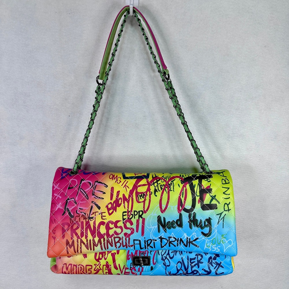 Rainbow Graffiti Quilted‎ Flap LARGE Shoulder Bag Multi Color Neon Streetwear